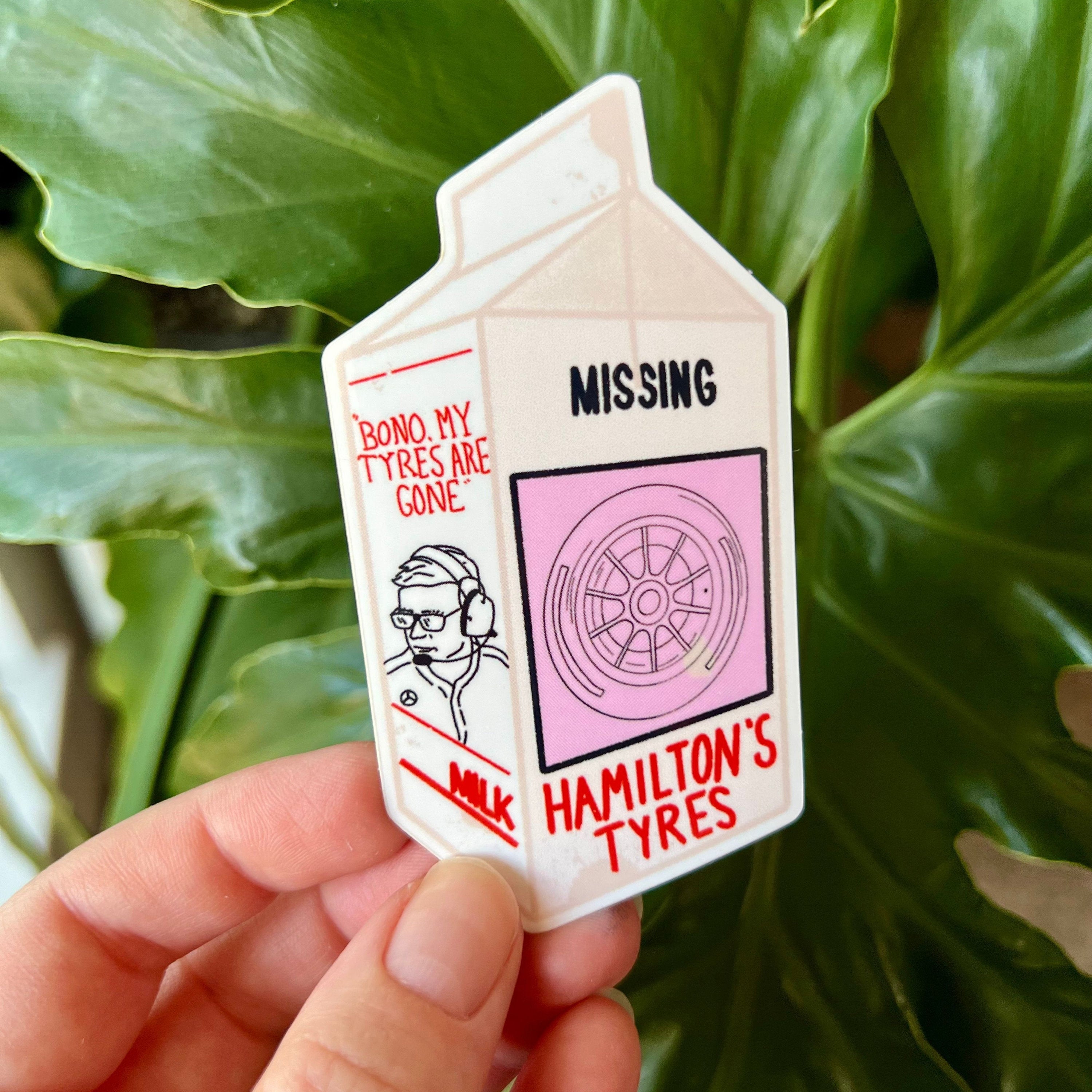 Lewis Hamilton "Missing Tyres" milk carton sticker | F1 sticker for Laptops and Water Bottles, Formula One | Mercedes AMG