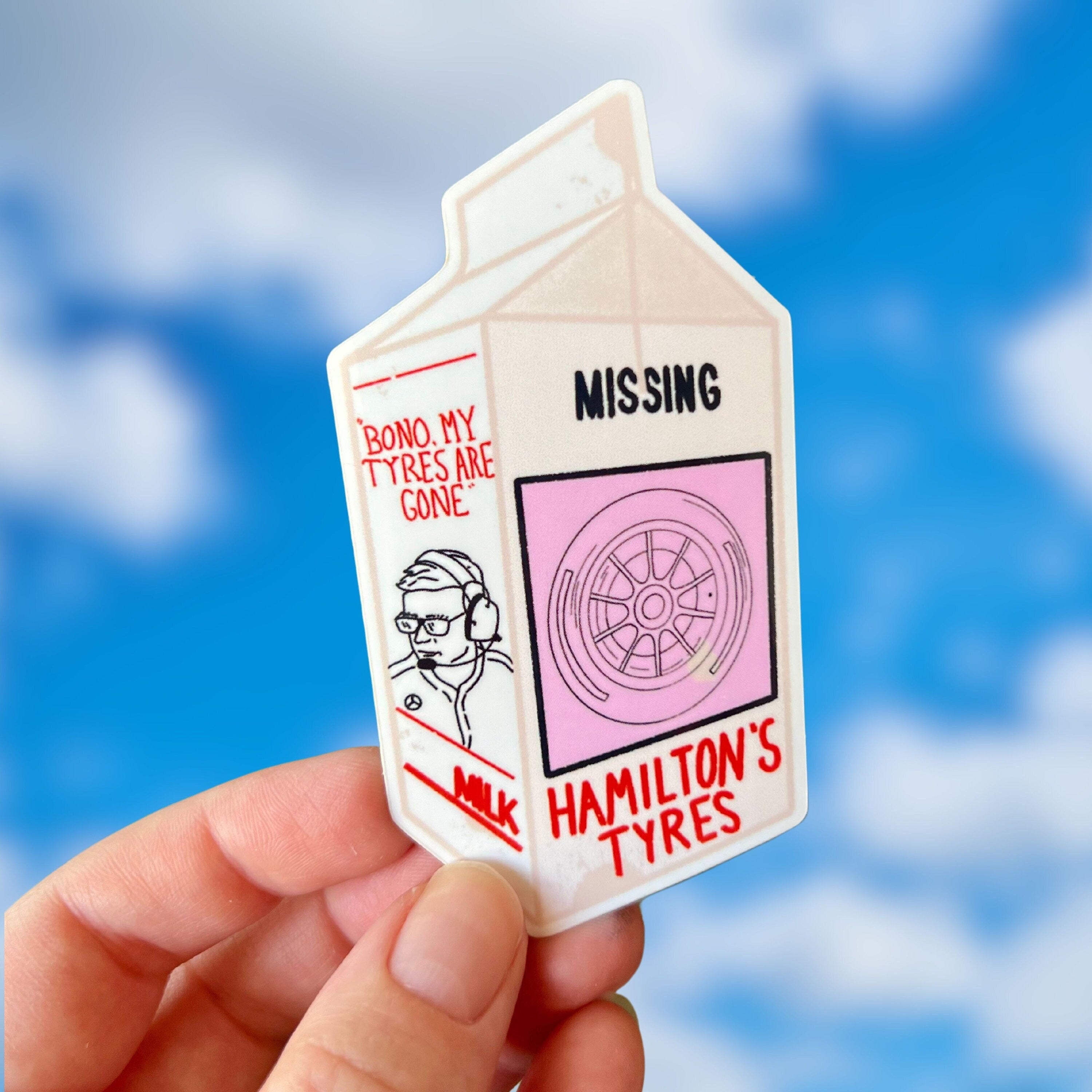 Lewis Hamilton "Missing Tyres" milk carton sticker
