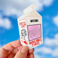 Lewis Hamilton "Missing Tyres" milk carton sticker | F1 sticker for Laptops and Water Bottles, Formula One | Mercedes AMG